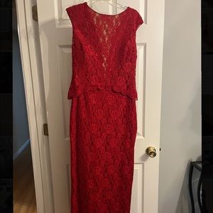 Red lace dress with illusion neckline.